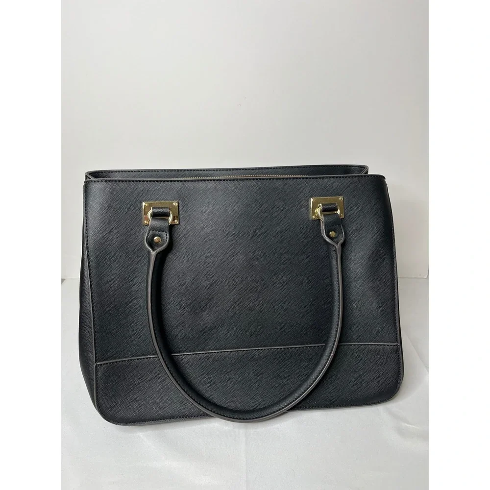 Anne Klein Black Faux Leather Tote Bag Polka Dot Lining Gold HW Satchel Purse